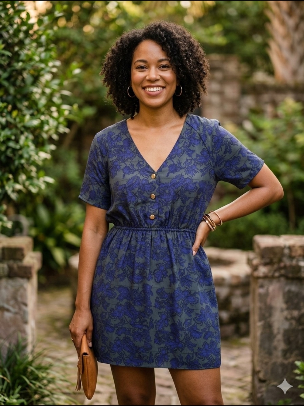 Margarita Saplala Blue Floral V-Neck Button Front Dress Xs Rare Croquet Silk